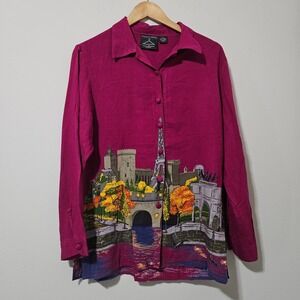 Anthony Mark Hankins Paris Cityscape Rayon Button Front Shirt Magenta Pink Medum